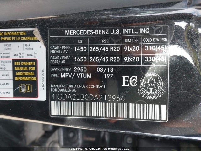 2013 Mercedes-benz Ml 350 Bluetec მანქანა იყიდება აუქციონზე, vin: 4JGDA2EB0DA213966, აუქციონის ნომერი: 12639143