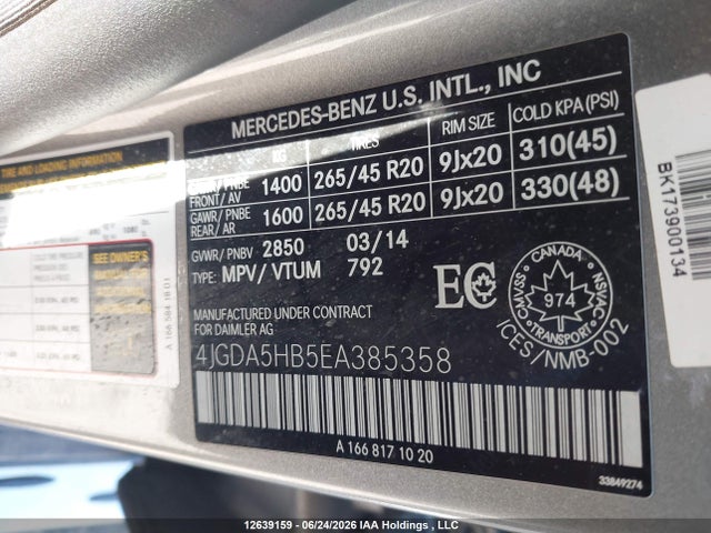 2014 Mercedes-benz Ml 350 4matic მანქანა იყიდება აუქციონზე, vin: 4JGDA5HB5EA385358, აუქციონის ნომერი: 12639159