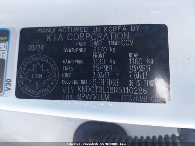 12639173 :رقم المزاد ، KNDCT3L18R5110286 vin ، 2024 Kia Niro Ev Wave/wave W/snow White Pearl   Grey Exterior مزاد بيع