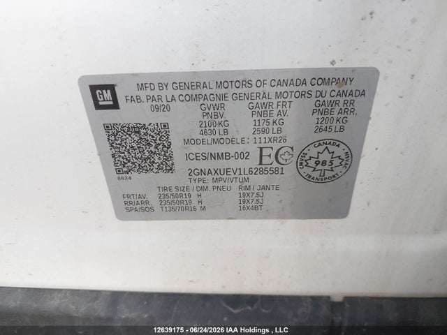 Aukcja sprzedaży 2020 Chevrolet Equinox Lt, vin: 2GNAXUEV1L6285581, numer aukcji: 12639175