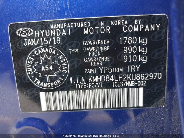 12639176 :رقم المزاد ، KMHD84LF2KU862970 vin ، 2019 Hyundai Elantra Preferred مزاد بيع