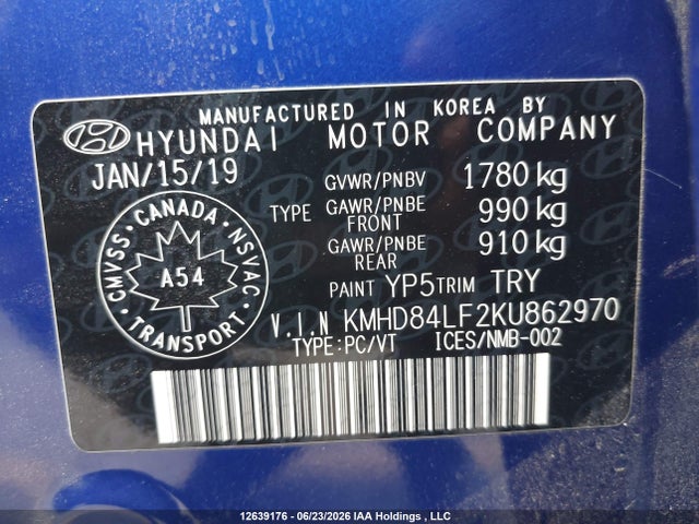 12639176 :رقم المزاد ، KMHD84LF2KU862970 vin ، 2019 Hyundai Elantra Preferred مزاد بيع