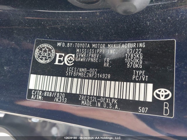 Aukcja sprzedaży 2022 Toyota Corolla, vin: 5YFBPMBE2NP314928, numer aukcji: 12639180