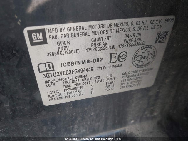 GMC Sierra K1500 Slt 2015 3GTU2VEC3FG494449 Image 9