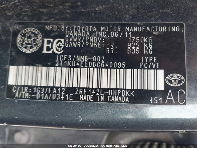 2011 Toyota Matrix მანქანა იყიდება აუქციონზე, vin: 2T1KU4EE0BC640095, აუქციონის ნომერი: 12639186