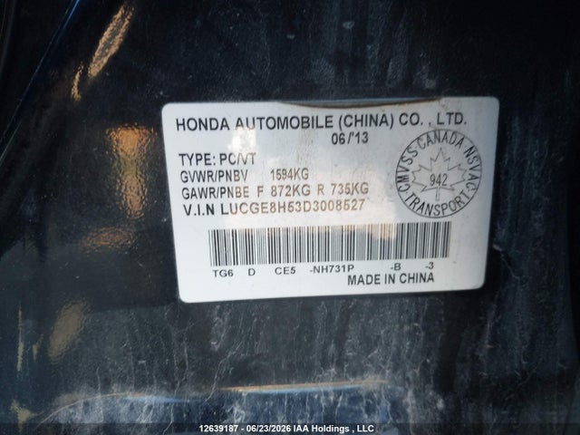 2013 Honda Fit Lx მანქანა იყიდება აუქციონზე, vin: LUCGE8H53D3008527, აუქციონის ნომერი: 12639187