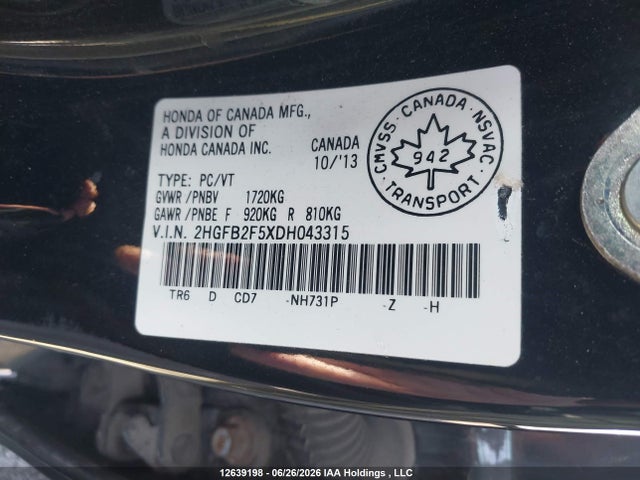 2013 Honda Civic Ex 4dr მანქანა იყიდება აუქციონზე, vin: 2HGFB2F5XDH043315, აუქციონის ნომერი: 12639198