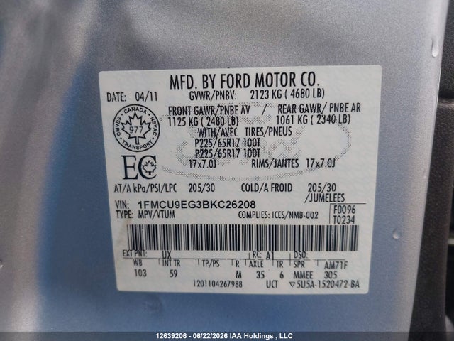 Aukcja sprzedaży 2011 Ford Escape Limited, vin: 1FMCU9EG3BKC26208, numer aukcji: 12639206