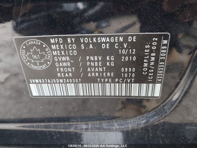 2013 Volkswagen Jetta Hybrid მანქანა იყიდება აუქციონზე, vin: 3VW637AJ5DM240307, აუქციონის ნომერი: 12639210