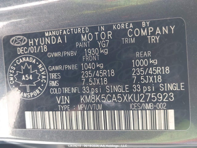 Продаж на аукціоні авто 2019 Hyundai Kona 1.6t Ultimate, vin: KM8K5CA5XKU275923, номер лоту: 12639215