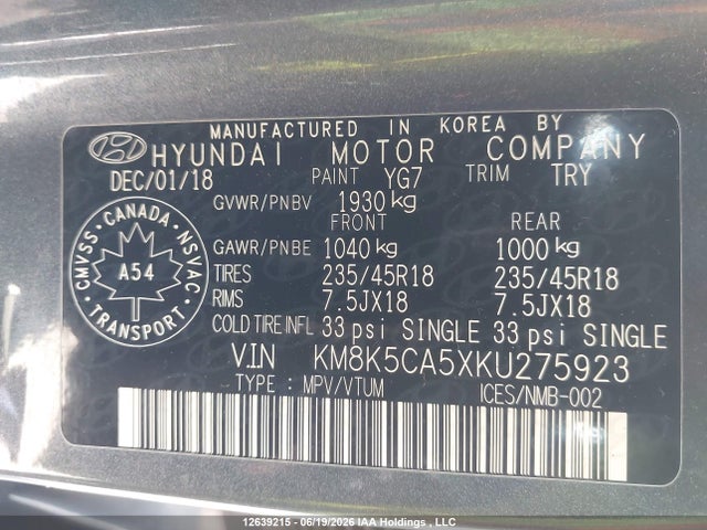 Продаж на аукціоні авто 2019 Hyundai Kona 1.6t Ultimate, vin: KM8K5CA5XKU275923, номер лоту: 12639215