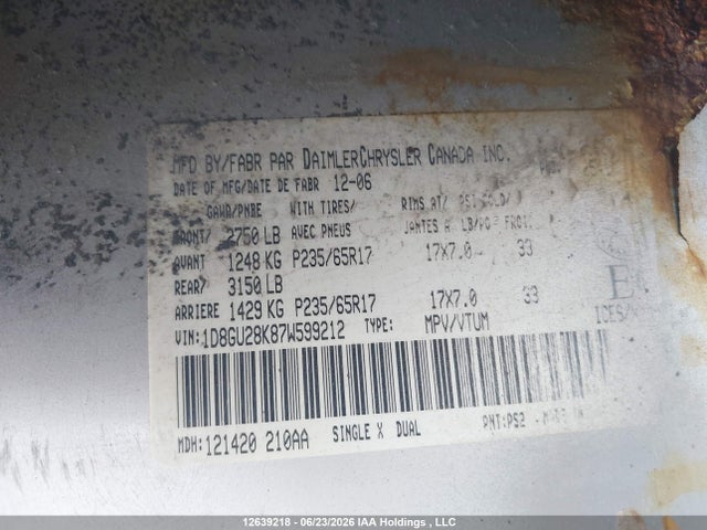 12639218 :رقم المزاد ، 1D8GU28K87W599212 vin ، 2007 Dodge Nitro Se/sxt مزاد بيع