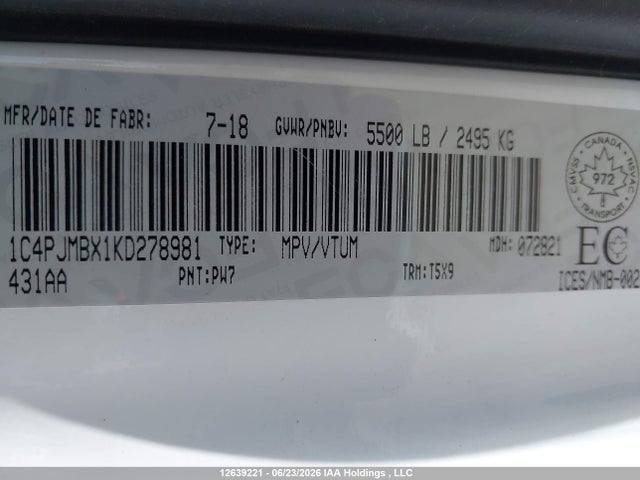 12639221 :رقم المزاد ، 1C4PJMBX1KD278981 vin ، 2019 Jeep Cherokee Trailhawk مزاد بيع