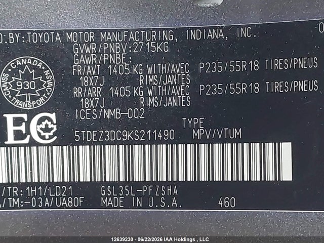 2019 Toyota Sienna Se/se Premium მანქანა იყიდება აუქციონზე, vin: 5TDEZ3DC9KS211490, აუქციონის ნომერი: 12639230