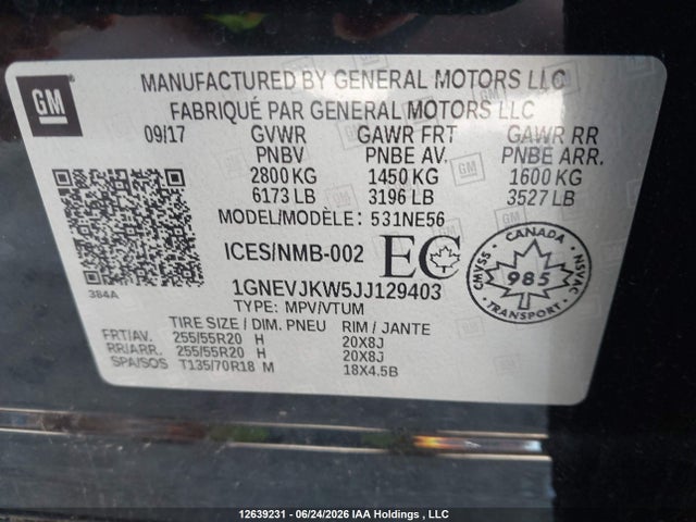 12639231 :رقم المزاد ، 1GNEVJKW5JJ129403 vin ، 2018 Chevrolet Traverse Premier مزاد بيع