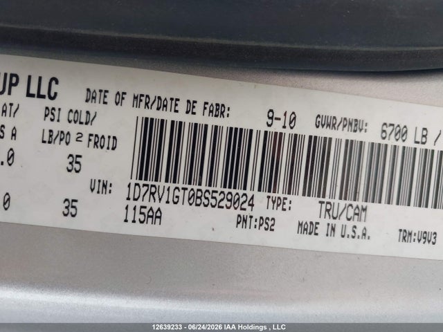 2011 Ram Ram 1500 Slt მანქანა იყიდება აუქციონზე, vin: 1D7RV1GT0BS529024, აუქციონის ნომერი: 12639233