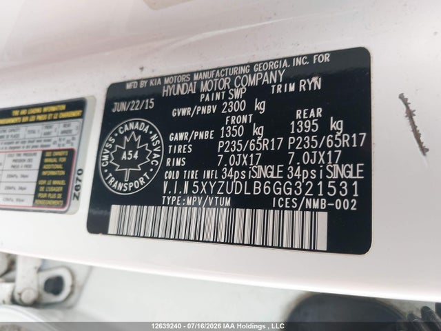 12639240 :رقم المزاد ، 5XYZUDLB6GG321531 vin ، 2016 Hyundai Santa Fe Sport 2.4 Luxury مزاد بيع