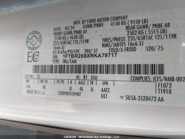 2024 Ford Transit T-250 მანქანა იყიდება აუქციონზე, vin: 1FTBR2X8XRKA79717, აუქციონის ნომერი: 12639248