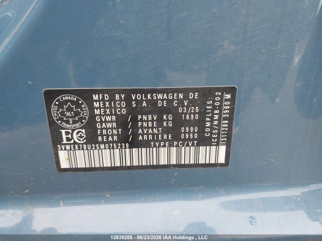 2025 Volkswagen Jetta Comfortline მანქანა იყიდება აუქციონზე, vin: 3VWEX7BU2SM075239, აუქციონის ნომერი: 12639255