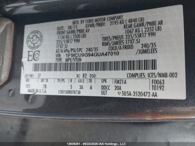 Продажа на аукционе авто 2016 Ford Escape Se, vin: 1FMCU9G94GUA47010, номер лота: 12639261
