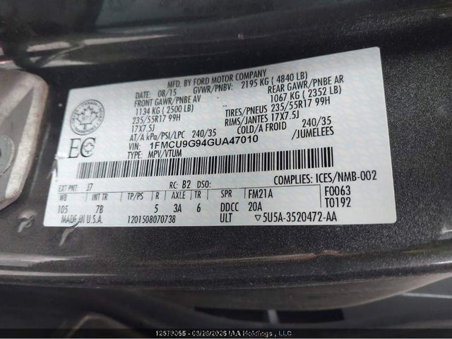 Продажа на аукционе авто 2016 Ford Escape Se, vin: 1FMCU9G94GUA47010, номер лота: 12639261