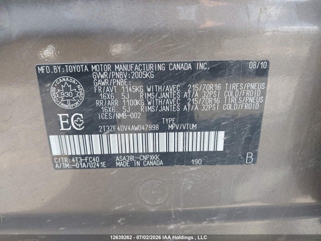 Продажа на аукционе авто 2010 Toyota Rav4, vin: 2T3ZF4DV4AW047998, номер лота: 12639262