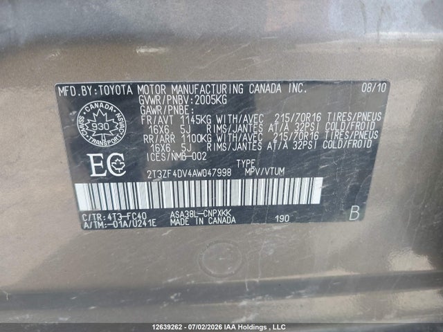 Продажа на аукционе авто 2010 Toyota Rav4, vin: 2T3ZF4DV4AW047998, номер лота: 12639262