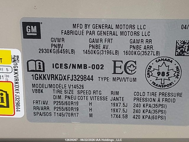 GMC Acadia Slt-1 2015 1GKKVRKDXFJ329844 Image 9
