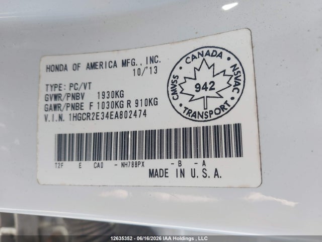 Продаж на аукціоні авто 2014 Honda Accord Lx, vin: 1HGCR2E34EA802474, номер лоту: 12635352