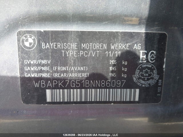 2011 Bmw 328 Xi მანქანა იყიდება აუქციონზე, vin: WBAPK7G51BNN86097, აუქციონის ნომერი: 12639288