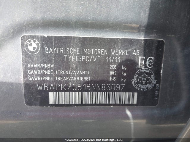 2011 Bmw 328 Xi მანქანა იყიდება აუქციონზე, vin: WBAPK7G51BNN86097, აუქციონის ნომერი: 12639288