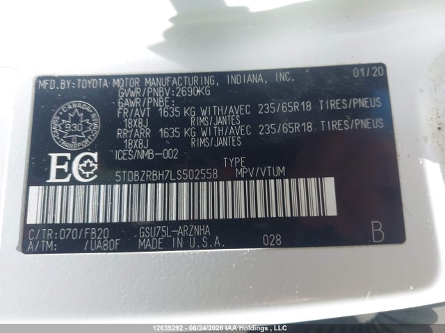 Toyota Highlander Le 2020 5TDBZRBH7LS502558 Image 9