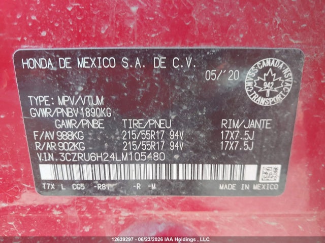 2020 Honda Hr-v Sport მანქანა იყიდება აუქციონზე, vin: 3CZRU6H24LM105480, აუქციონის ნომერი: 12639297