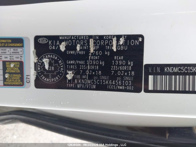 12639304 :رقم المزاد ، KNDMC5C15K6456103 vin ، 2019 Kia Sedona Ex/sx مزاد بيع