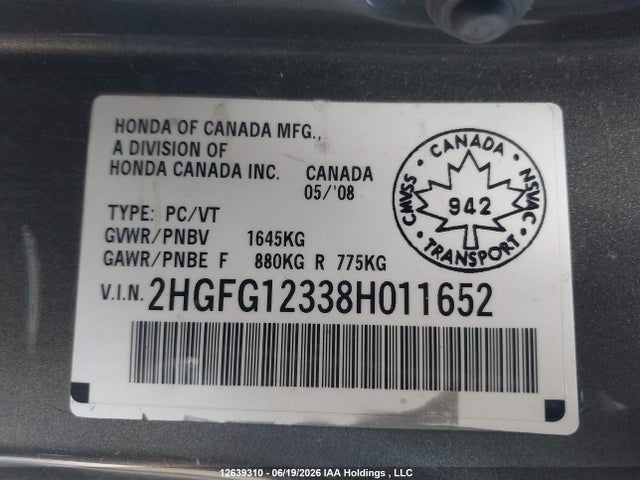 2008 Honda Civic Dx-g მანქანა იყიდება აუქციონზე, vin: 2HGFG12338H011652, აუქციონის ნომერი: 12639310