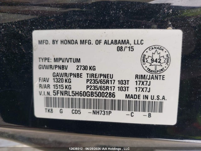 Honda ODYSSEY EXL 2016 5FNRL5H60GB500286 Image 9