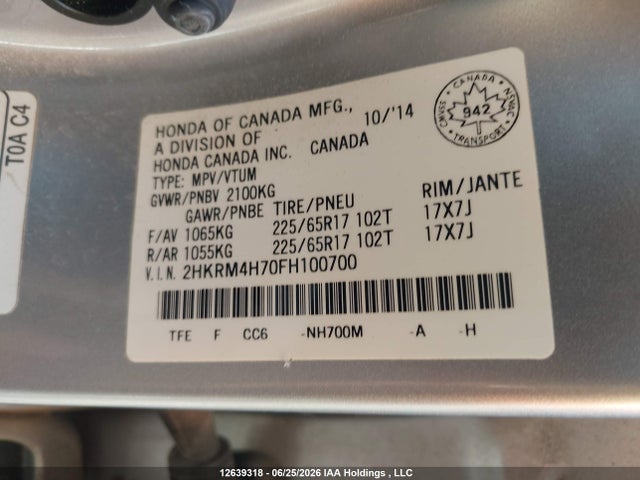 2015 Honda Cr-v Ex-l მანქანა იყიდება აუქციონზე, vin: 2HKRM4H70FH100700, აუქციონის ნომერი: 12639318