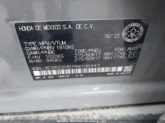 12639341 :رقم المزاد ، 3CZRZ2H57RM106443 vin ، 2024 Honda Hr-v Sport-b مزاد بيع