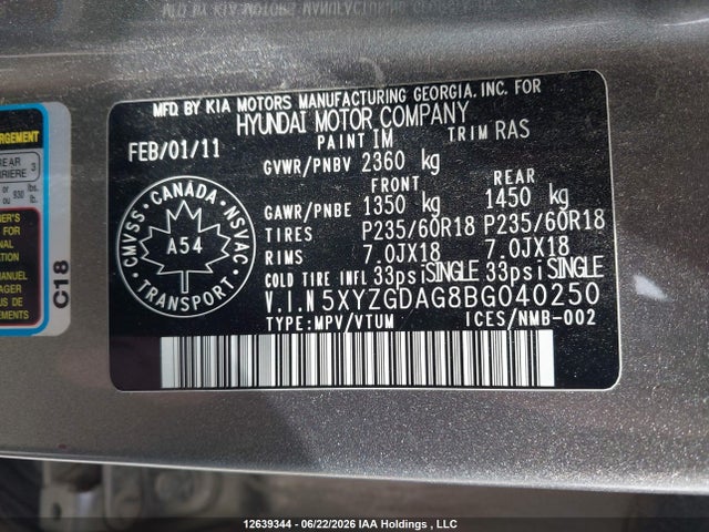 Auction sale of the 2011 Hyundai Santa Fe Gl 3.5 Sport, vin: 5XYZGDAG8BG040250, lot number: 12639344