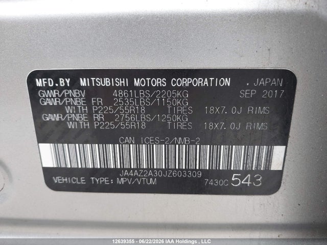 12639355 :رقم المزاد ، JA4AZ2A30JZ603309 vin ، 2018 Mitsubishi Outlander Es مزاد بيع
