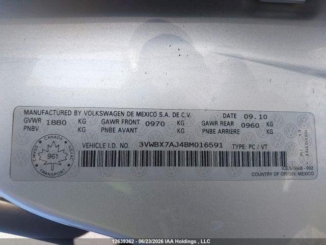 Продажа на аукционе авто 2011 Volkswagen Jetta Se, vin: 3VWBX7AJ4BM016591, номер лота: 12639362