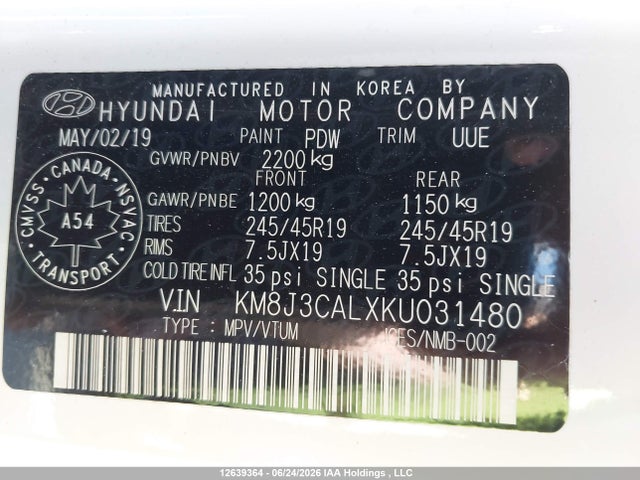 Продаж на аукціоні авто 2019 Hyundai Tucson Limited/sel/sport/ultimate/value/night, vin: KM8J3CALXKU031480, номер лоту: 12639364
