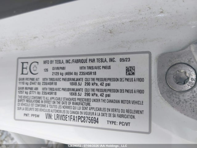 Aukcja sprzedaży 2023 Tesla Model 3 Rwd, vin: LRW3E1FA1PC875694, numer aukcji: 12639372