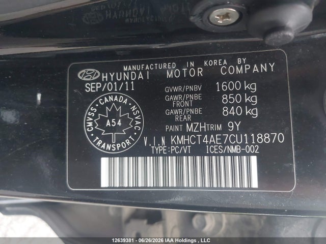 12639381 :رقم المزاد ، KMHCT4AE7CU118870 vin ، 2012 Hyundai Accent Gl مزاد بيع