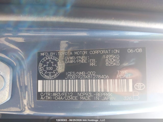 12639383 :رقم المزاد ، JTDBT923X81278406 vin ، 2008 Toyota Yaris مزاد بيع