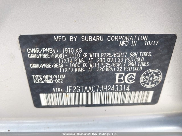 Продажа на аукционе авто 2018 Subaru Crosstrek Convenience, vin: JF2GTAAC7JH243314, номер лота: 12639394