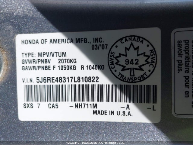 Aukcja sprzedaży 2007 Honda Cr-v Lx, vin: 5J6RE48317L810822, numer aukcji: 12639410