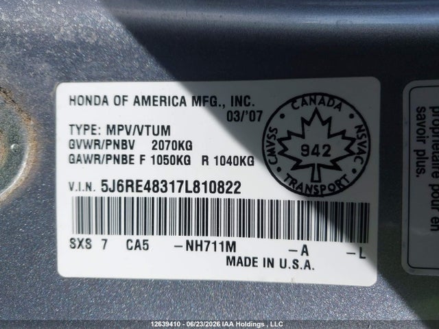 Auction sale of the 2007 Honda Cr-v Lx, vin: 5J6RE48317L810822, lot number: 12639410
