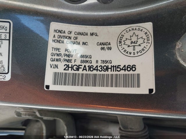 Aukcja sprzedaży 2009 Honda Civic Dx-g, vin: 2HGFA16439H115466, numer aukcji: 12639413