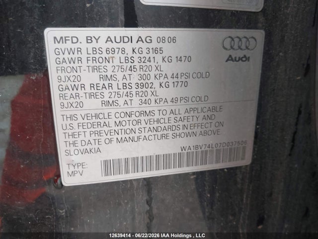 12639414 :رقم المزاد ، WA1BV74L07D037506 vin ، 2007 Audi Q7 4.2 Quattro Premium مزاد بيع